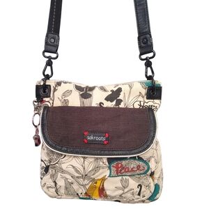 Sakroots Beige Floral Canvas Leather Crossbody Bag Handbag Purse